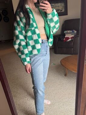 Green and White Checkerboard Sherpa Jacket